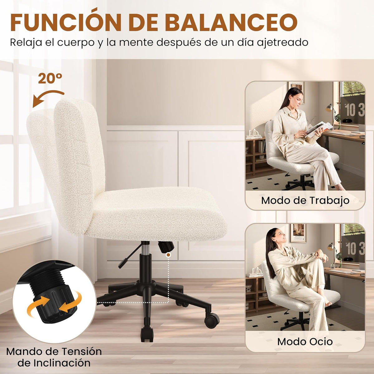 Yaheetech Bürostuhl mit Rollen und breiter Sitzfläche 66 × 65 × 92 cm Elfenbeinweiß