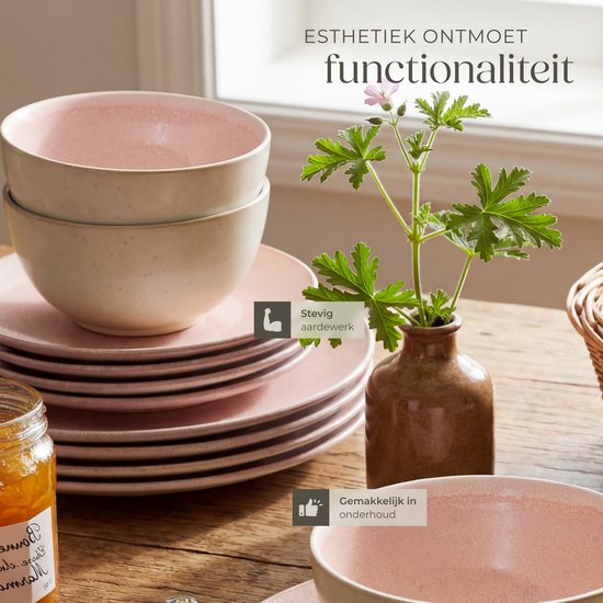 tectake® Geschirrset Mare – 24-teilig – Steingut mit glänzender Glasur - Für 6 Personen - Handgefertigtes Geschirr - Modernes Geschirrset mit großen und kleinen Tellern, Schüsseln und Schälchen - Spülmaschinen- und mikrowellengeeignet - Rosa