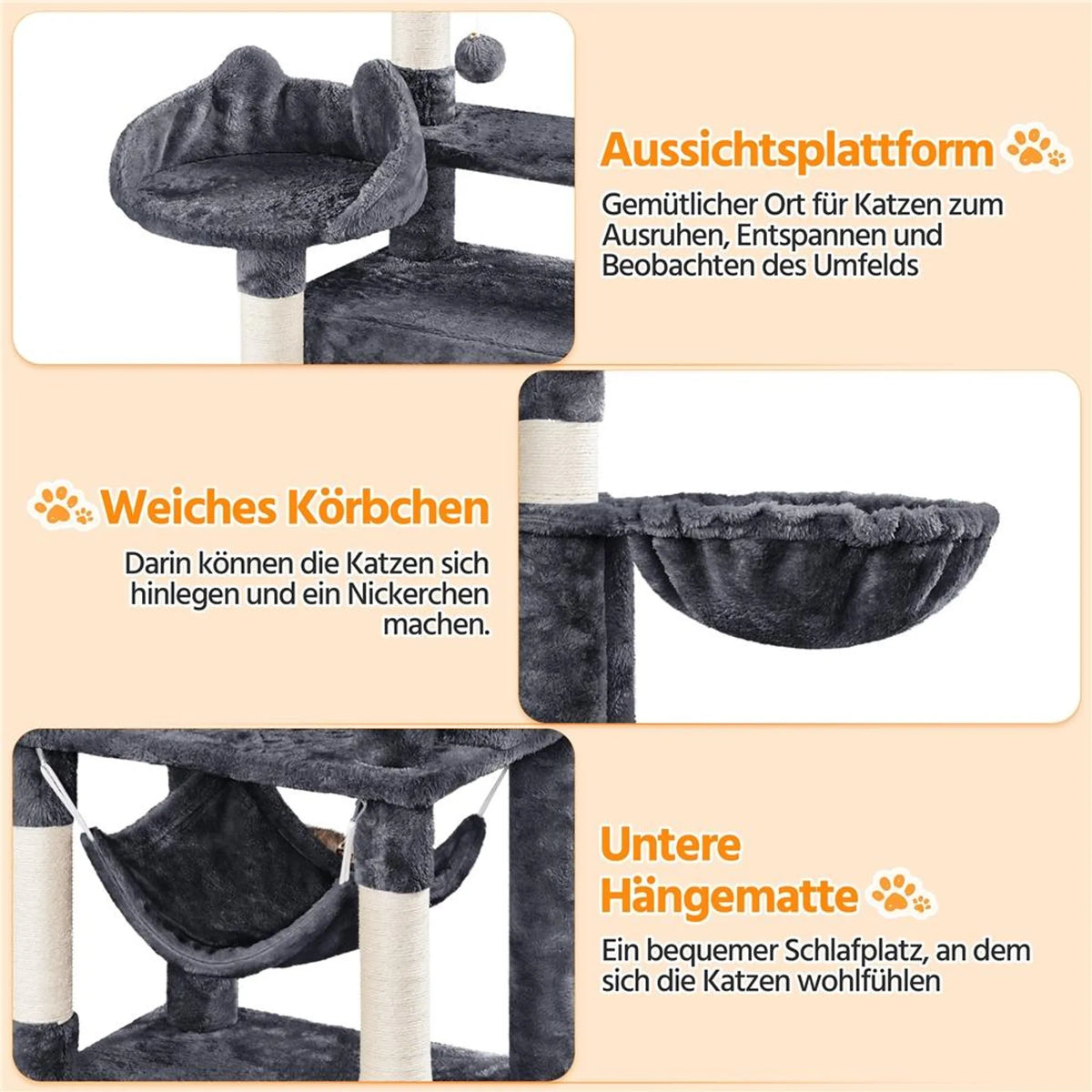 Yaheetech Katzenpfosten XXL mit 2 Aussichtsplattformen - Ausgestattet mit 2 Katzenlöchern und Hängematte und 7 Sisalpfosten - Für Haushalte mit mehreren Katzen - Dunkelgrauer Plüsch und Sisal - 55,5 x 45,5 x 170 cm
