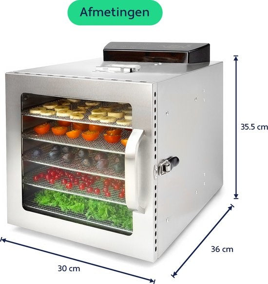 Vita5 Nobel S Food Dehydrator - Dörrgerät - Edelstahl - 24-Stunden-Timer - 30-90Â°C - 400 Watt - LED-Kontrollfeld - Dehydrator - 6 Schichten