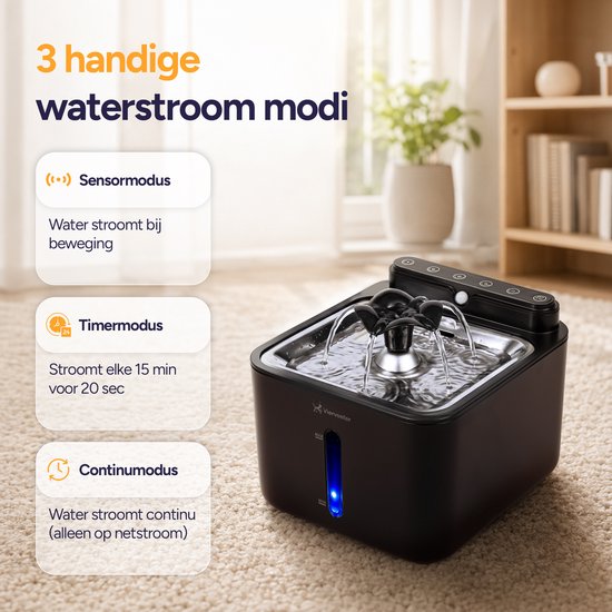 Viervoeter® Kabelloser Trinkbrunnen aus Edelstahl – Sensor-Trinkbrunnen für Katzen und Hunde – Inklusive 3 Filtern – 3,2 l – 30 Tage Batterielaufzeit – Flüsterleise