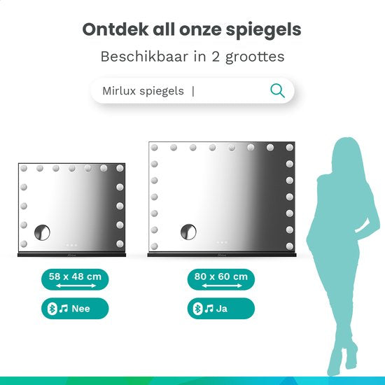 Mirlux Hollywood Mirror 80x60CM - 2 Bluetooth-Lautsprecher - USB & USB-C Ladeanschlüsse - LED-Beleuchtung - Schminkspiegel - 10x Zoom - Aufhängbar - Schwarz
