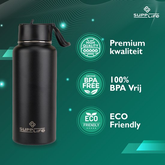Supplife Luxus-Thermosflasche / Trinkflasche aus Edelstahl – 1 Liter – BPA-frei und auslaufsicher – Trinkflasche mit Strohhalm – Doppelwandige Isolierung – Thermosbecher – Ausgießverschluss und Verschluss mit Strohhalm – Inklusive Reinigungsbürste – Schwa