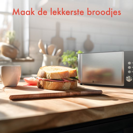 KitchenBrothers Toaster - Toaster - 6 Heizstufen - 2 extra lange Schlitze - 1520W - Edelstahl/Schwarz