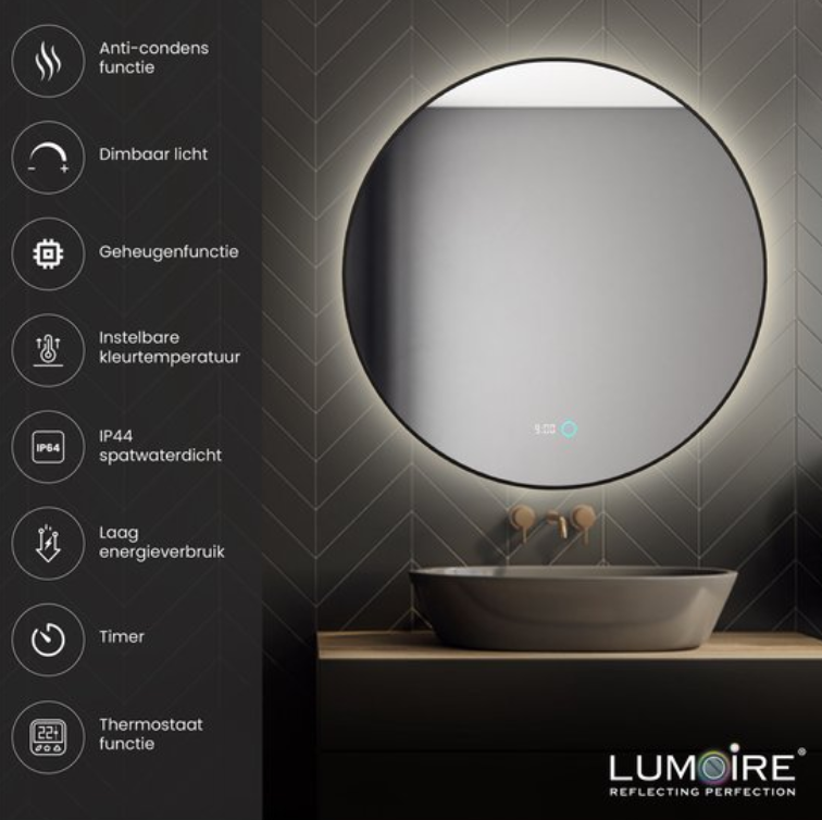 Lumoire Neon 8000 Spiegel mit Beleuchtung – schwarzer Rand – Ø 80 cm – rund, beschlagfrei, Uhr