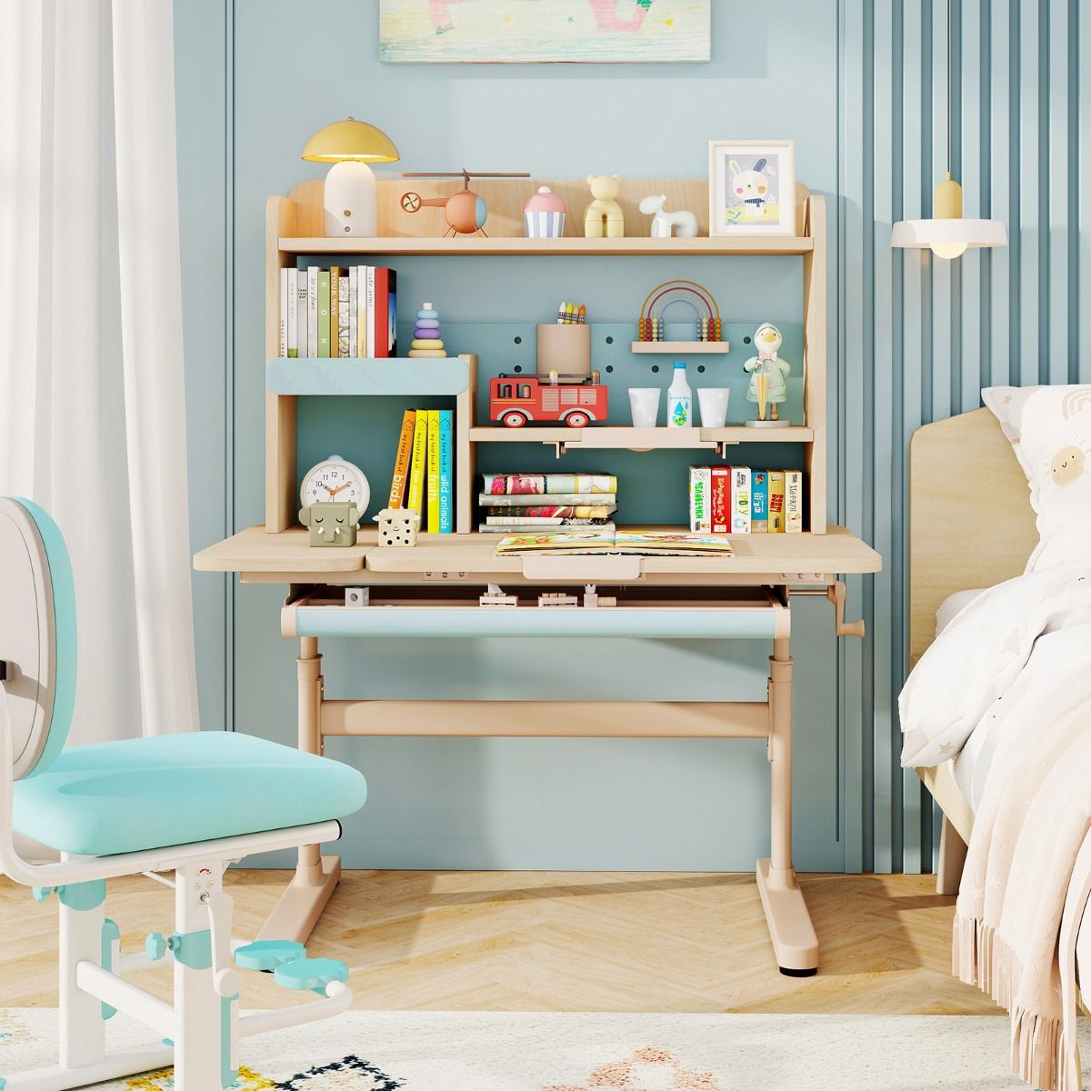 coast Kindertisch - Höhenverstellbar 52-74 cm - Kippbarer Schreibtisch 0°-60° - Schublade & Ablage - Blau - 100 x 60 x 111-135 cm