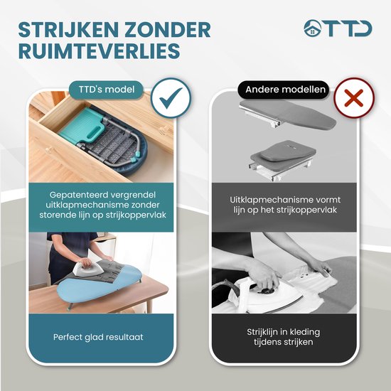 TTD® Faltbarer Bügeltisch ohne Faltleine - Inklusive Bügelbrett und Aufhängeschlaufe - Mini-Bügeltisch mit Bügeleisenhalter - Faltbarer Tisch-Bügeltisch - Kleiner faltbarer Bügeltisch