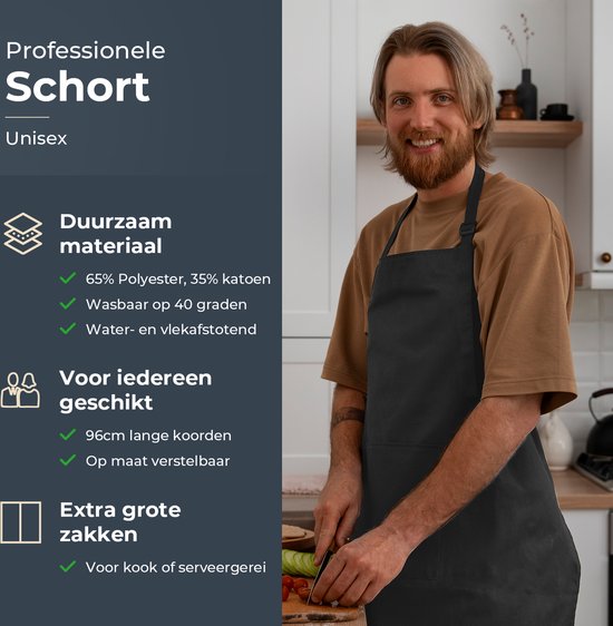 Küchenschürze - Wasser- und schmutzabweisend - Professionelle Kochschürze - Schürze für Damen und Herren - Catering-Schürze - Unisex - Verstellbare Schnalle - Extra große Fächer - Grau