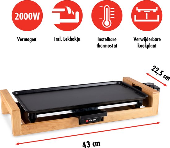 alpina Teppanyaki Grillplatte - Tischgrill - Antihaft - 2000W - 43x22,5cm - Schwarz