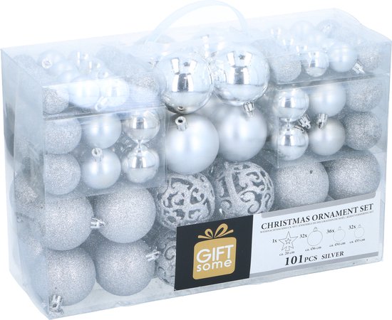Giftsome Silbernes Weihnachtskugeln-Set – 101 Weihnachtskugeln aus Kunststoff – inkl. silberner Spitze – Weihnachtsdekoration – 3/4/6 cm