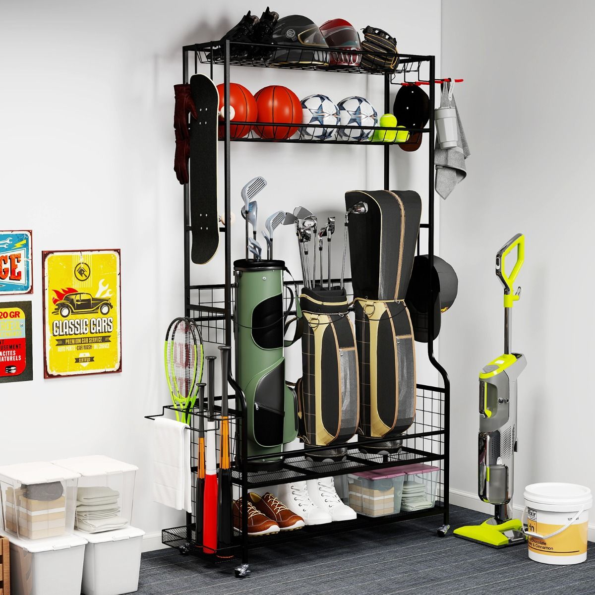 Coast Sportartikel-Organizer – mit Rollen – 4 Haken – zusätzliches Fach für Schläger – schwarz 132 x 40,5 x 194 cm