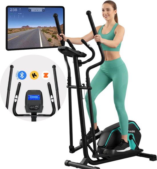 FITAGE Crosstrainer Low Noise - Crosstrainer mit Bluetooth Kinomap & Zwift - Fitnesstrainer mit 24 Trainingsprogrammen - Präziser Herzfrequenzmesser
