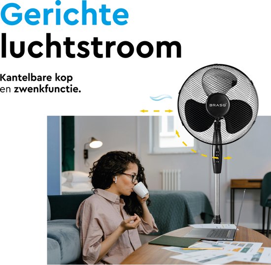 BRASQ Stativventilator - 40 cm - Schwarz - Höhenverstellbar - 3 Geschwindigkeiten - 40 Watt