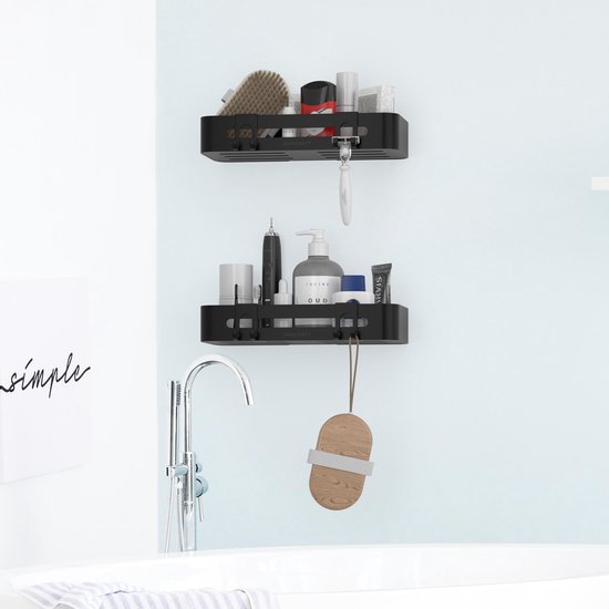 Sanicraft® Duschregal - Kein Bohren - Für jede Art von Wand geeignet - Hängend - Rostfrei - 2 Stück - Schwarz