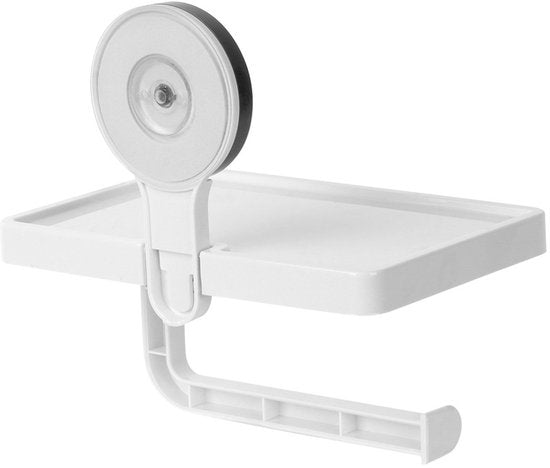 Bathroom Solutions – Toilettenpapierhalter mit Ablage – Weißer Kunststoff – Befestigung mit Saugnapf – Klassisches Design