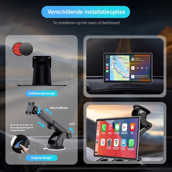Strolox CarPlay-Bildschirm 9 Zoll – Kompatibel mit Apple CarPlay und Android Auto – Drahtlos – Navigationssystem – Universelles Auto-Stereo-Bluetooth – USB-C-Anschluss – 2 Befestigungshalterungen – 2024