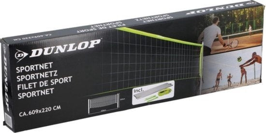 Dunlop Sports Net 609 x 220 CM - Volleyballnetz - Tennisnetz - Badmintonnetz - Komplettset mit Schlägern, Netz, Bodennägeln und Spannseilen - Multifunktional einsetzbar - Grün/Schwarz
