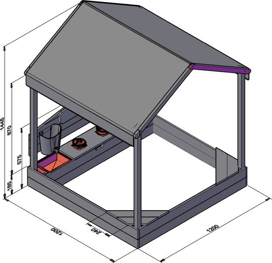AXI Meli Sandkasten & Spielhaus 120 x 120 cm mit Spielküche – Braun – Mit Dach – FSC-Holz – Mit Kreidetafel, Wassertank und 6-teiligem Spielzeug-Kochset – Mit 2 Bänken - Inklusive Bodenplane – 10 Jahre Garantie