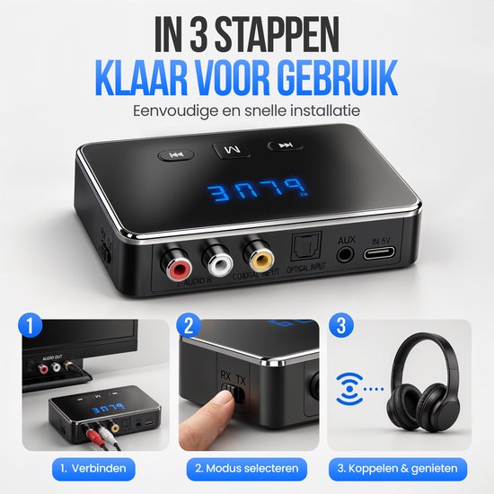 Strex Bluetooth-Sender und -Empfänger 3-in-1-Adapter – Bluetooth-Audio-Sender und -Empfänger – Bluetooth 6.0 – AUX/Cinch/Optisch – Kabellos – 15 Meter Reichweite