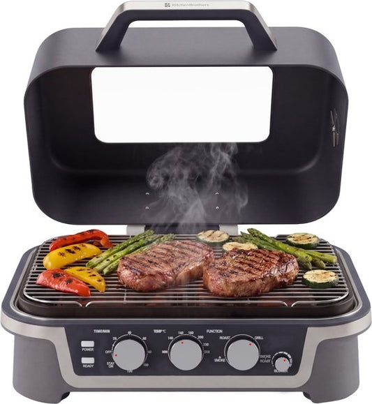 KitchenBrothers Elektro-Grill und Smoker – Tischmodell für den Balkon – 90 °C bis 250 °C – 2600 W – Tischgrill – Mit Sichtfenster