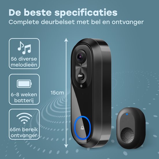 Audyn Video-Türklingel - Mit Kamera - Drahtlos - Smart - WiFi - 1080P - Kein Abonnement - Inkl. drahtloser Gong