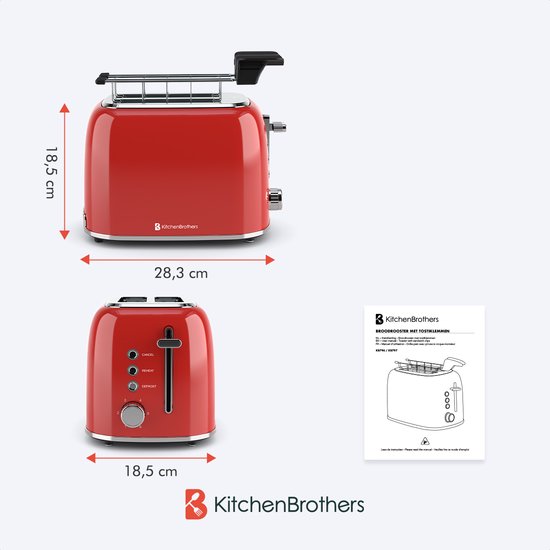 KitchenBrothers Toaster mit Toasty Clamps - Toaster - 6 Wärmestufen - Breite Schlitze - Toaster - 870W - Rot