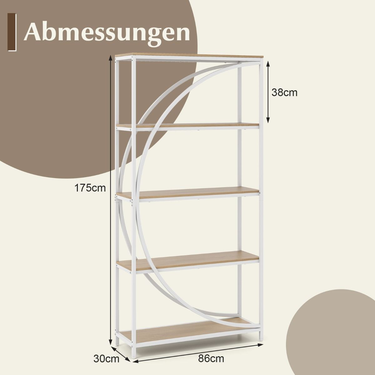 Coast Bücherregal – geometrisches Design – 5 offene Einlegeböden – weiß und naturfarben