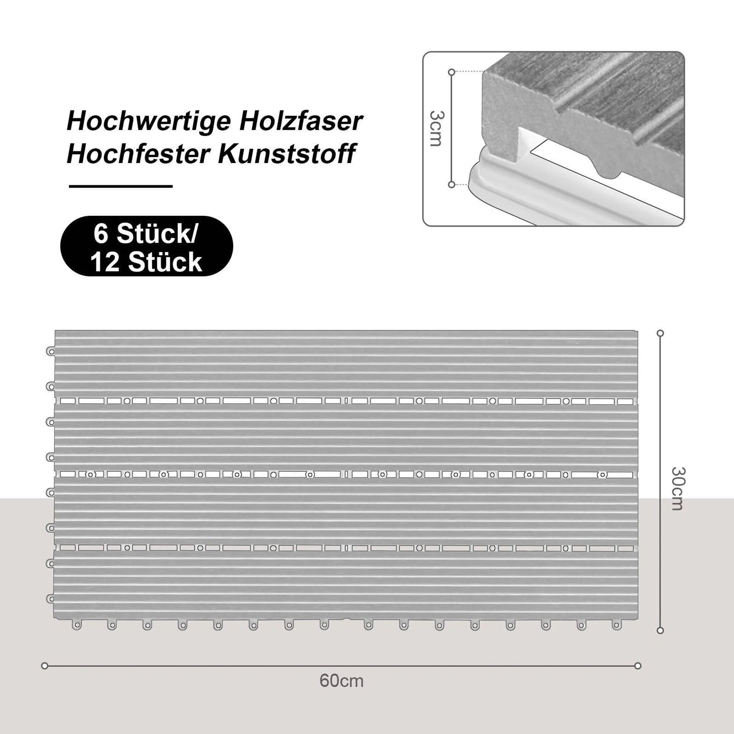 EUGAD WPC-Terrassenfliesen 30 x 60 cm – 12 Stück – 2 m² – Klicksystem – verschiedene Farben