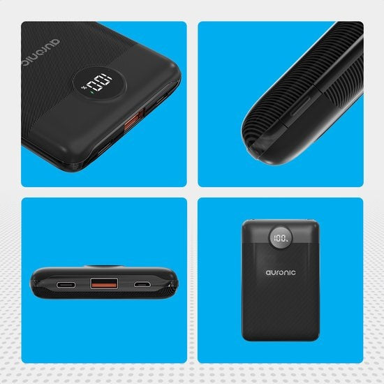 Auronic Powerbank - Schnellladegerät für iPhone und Samsung - 10.000 mAh - 22,5 W - 2 Ladeanschlüsse - Schnellladen über USB-A und USB-C - Schwarz