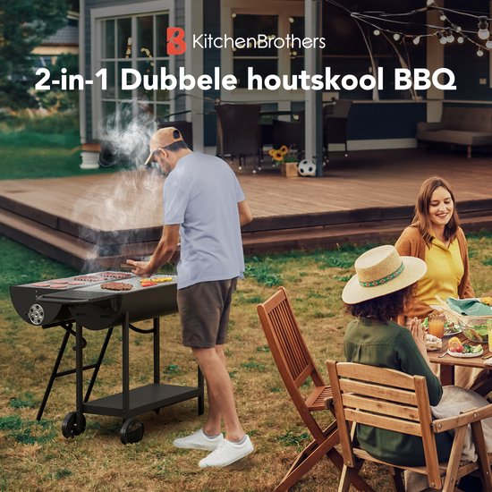 KitchenBrothers 2-in-1 Charcoal BBQ XL - Einstellbare Lüftungsschlitze - Doppel-BBQ - Beistelltische - Grillrost BBQ - Schwarz