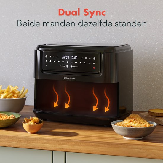 KitchenBrothers Airfryer XXL Dual Zone - 9L - 2400W - Heißluftfritteuse - Doppelter Korb - 50ºC bis 200ºC - 10 Kochprogramme - Schwarz