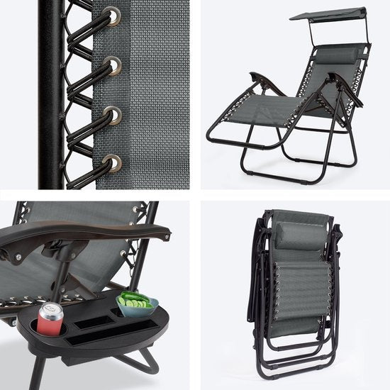 LifeGoods Faltbare Gartenstühle - mit Sonnendach - 2 Stück - 30°-90° verstellbar - Metall - Dunkelgrau