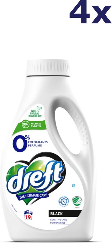 Dreft – Flüssigwaschmittel 0 % für dunkle Wäsche, 19 Waschgänge – 4 x 988 ml – Vorteilspackung