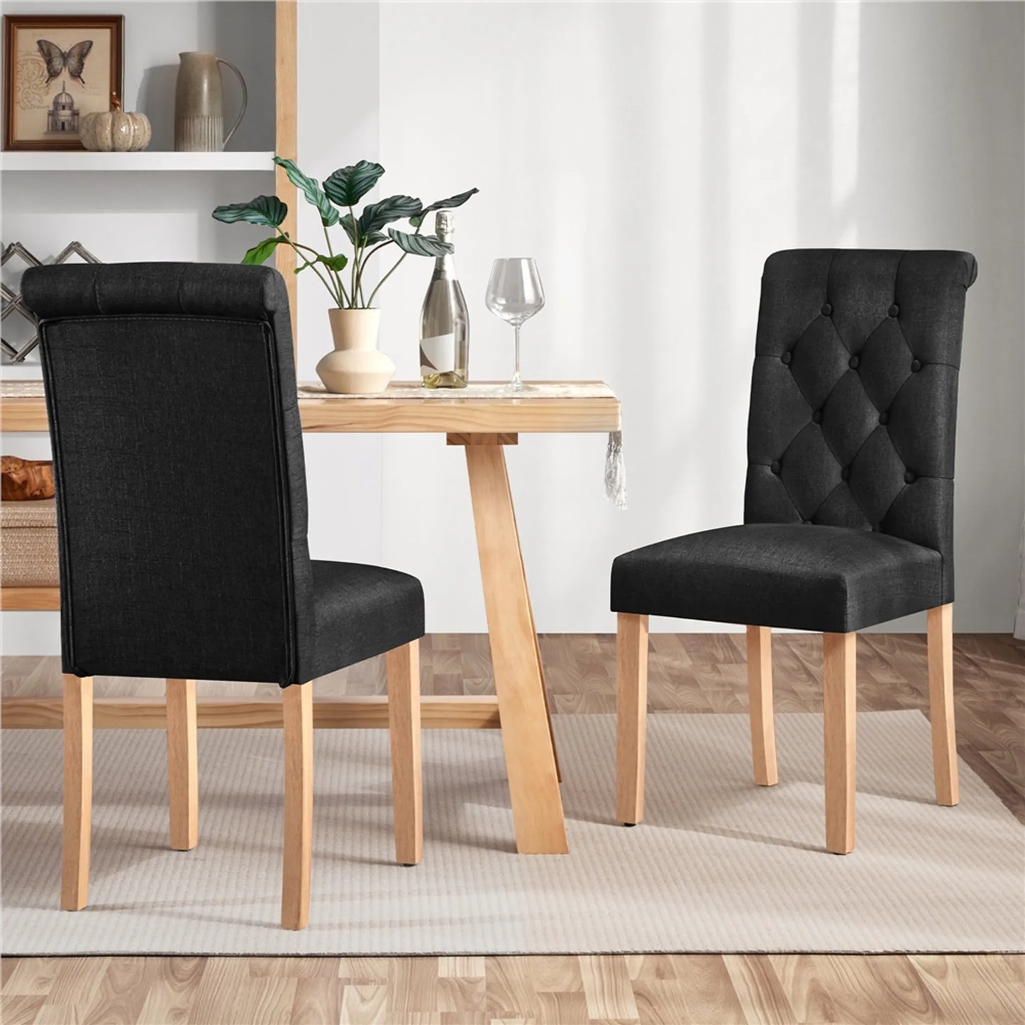 Yaheetech Esszimmerstuhl mit hoher Rückenlehne 2 Stück - Mit gepolsterter Rückenlehne und massiven Eichenbeinen und verstellbaren Schutzbeinen - Für Küche und Restaurant - Schwarzes Polyester und Eiche - 45,5 x 62 x 98,5 cm