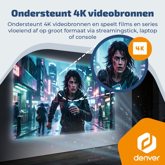 Denver tragbarer Beamer – 4K 3840 x 2160p – 150 ANSI-Lumen – Projektor – Integrierter Akku – Heimkino – HDMI – USB-C – PR4700