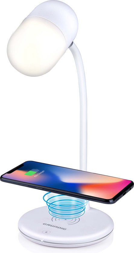 Grundig Schreibtischlampe Led 3-in-1 - kabelloses Handy-Ladegerät mit Qi-Technologie - Bluetooth-Lautsprecher - Leselicht - Weiß
