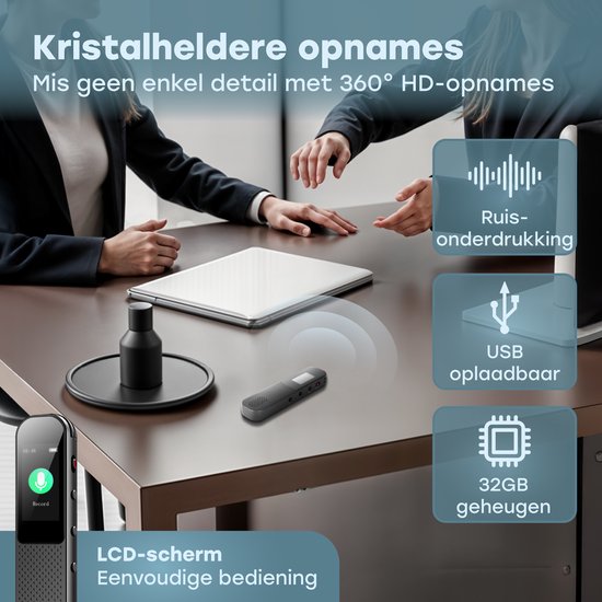 Audyn Digital Voice Recorder - 400 Stunden Audioaufnahme - Fernabhörgerät - Diktiergerät - 360° HD-Aufnahmen - Schwarz
