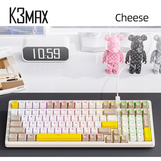 Fuegobird K3MAX Mechanische Gaming Tastatur - 100 Tasten - Gasket Mod - QWERTY - Mechanische RGB Hintergrundbeleuchtung Tastatur - Cheese