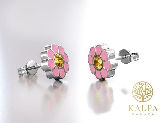 Yolora Kids Pink Floral Earrings - Kalpa Camaka Crystals - 18K Weißgold vergoldet - Kind - Mädchen Ohrstecker Farbe Silber - Schmuck Kinder - Luxus Geschenkbox - Geschenkbox - Geschenkverpackung - Schöne Geschenkverpackung