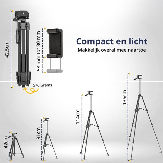 Studio ME Telefonstativ - 136 cm - Stativ Smartphone - Schwarz - Kamerastativ - Telefonhalterung - Inkl. Bluetooth-Fernbedienung - Stativ Telefon