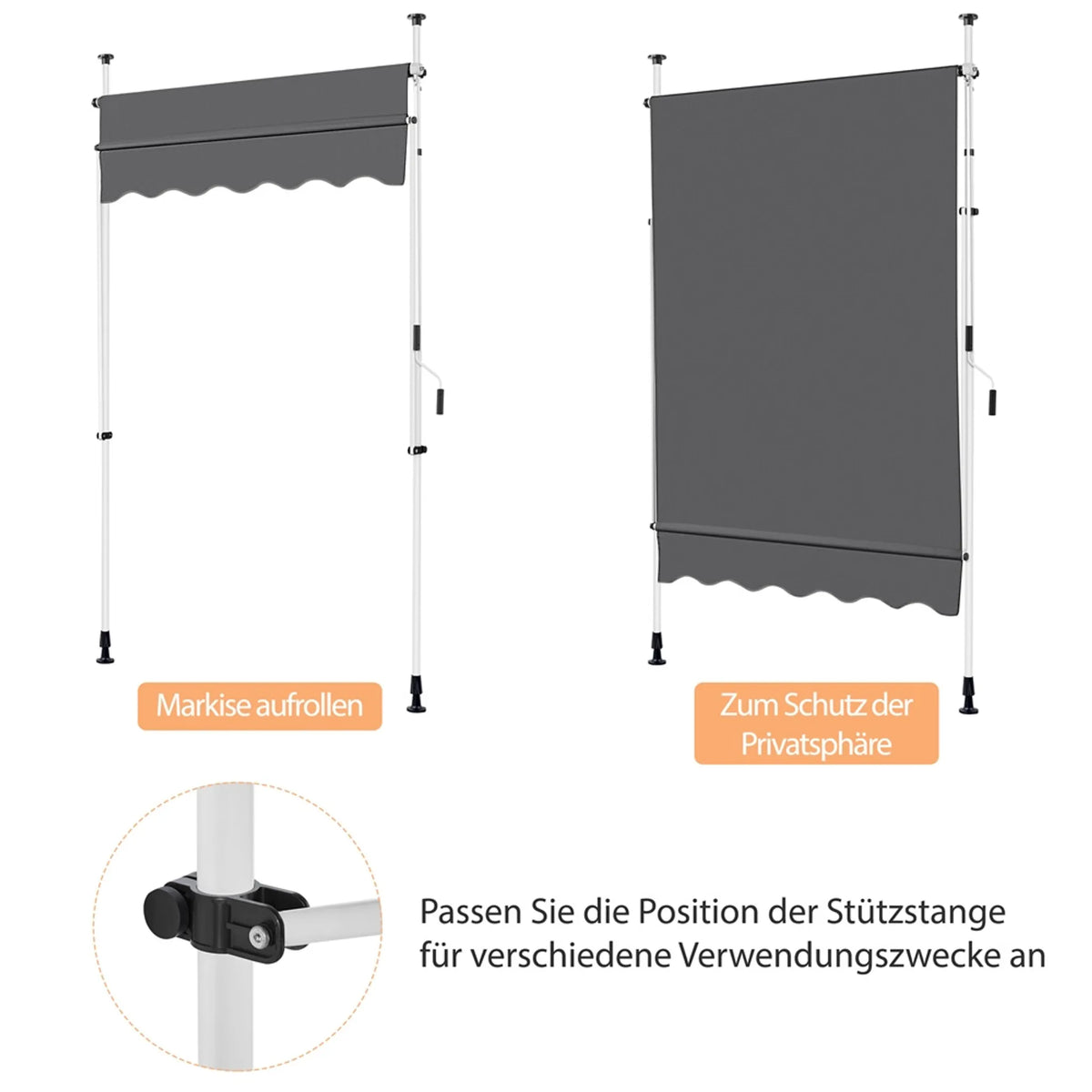 Yaheetech Klemmsonnenschirm mit Handkurbel - mit höhenverstellbaren Teleskopstangen und wasserabweisendem Tuch und Schutzfüßen - für Balkon und Terrasse - dunkelgraues Polyester und Metall - 150 x 180 x 210-300 cm