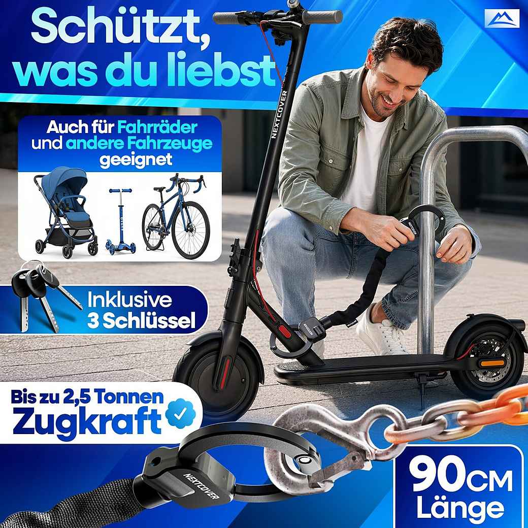 NEXTCOVER E-Scooter-Schloss – Kettenschloss – 90 cm – Steel-Secure – 3 Schlüssel