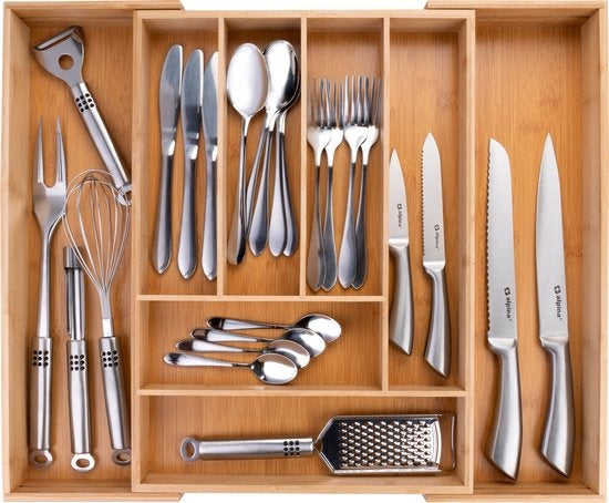 Ausziehbarer Besteckkasten - 46 x 34 - 56.6 x 6 CM - 6 bis 8 Fächer - Ã–kologisches Bambusmaterial