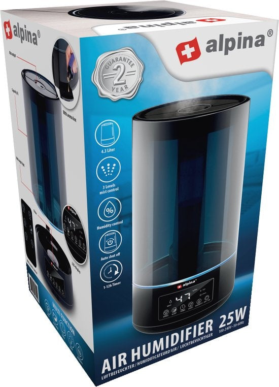 alpina Luftbefeuchter 4.3L - Luftbefeuchter - Aroma Diffuser mit Timer - Fernbedienung - Schwarz