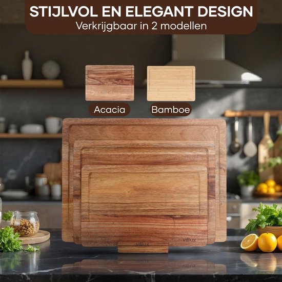 Villux Schneidebrett – Schneidebrett-Set mit Halterung – Schneidebrett aus Holz – Schneidebretter – Schneidebrett aus Akazienholz – Holz-Schneidebrett – Schneidebrett-Set – Tapas-Brett - Snackbrett – Servierbrett – Häppchenbrett – Inklusive E-Book – 3 Stü
