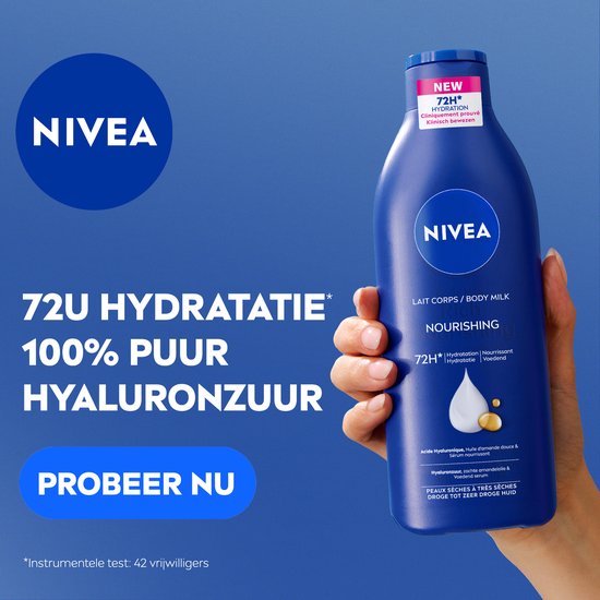 NIVEA Pflegende Körpermilch – mit Hyaluronsäure, sanftem Mandelöl und pflegendem Serum – Körpermilch mit 72-Stunden-Feuchtigkeitsversorgung – Für trockene bis sehr trockene Haut – 400 ml