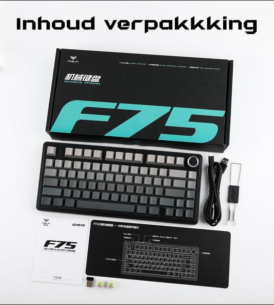 EPOMAKER x AULA F75 – Schwarz/Grau – Mechanische kabellose Tastatur – RGB – 75 % – QWERTY – Gaming-Tastatur – Reaper-Switch