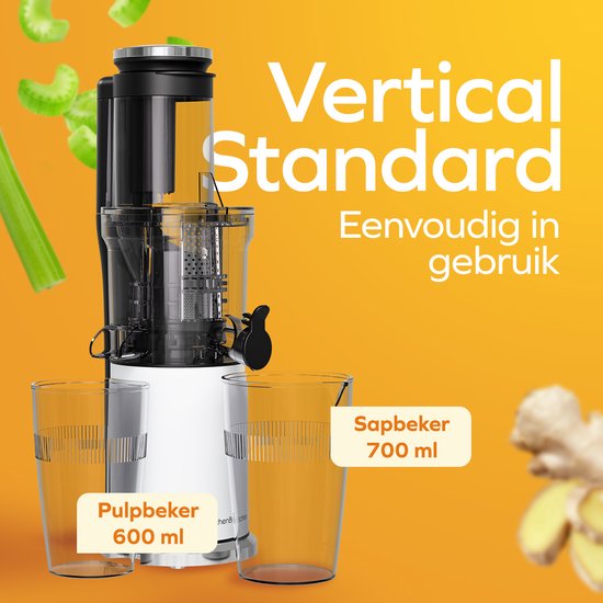 KitchenBrothers Slowjuicer - Vertikal - Entsafter - Gemüse- und Obstpresse - 80 mm - 750 ml - Perlweiß / Weiß