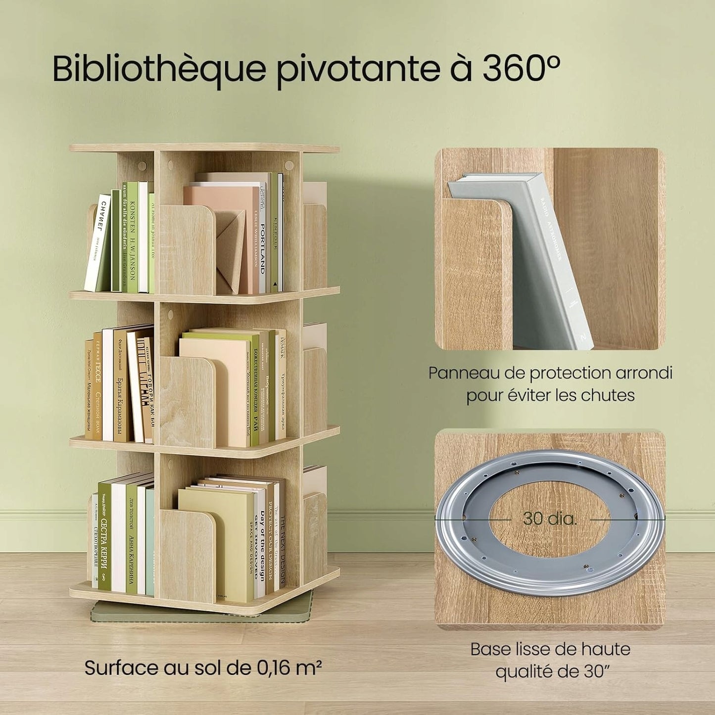 Eugad Drehbares Bücherregal 360° – Helles Eichenholz – 40 x 94,5 x 40 cm