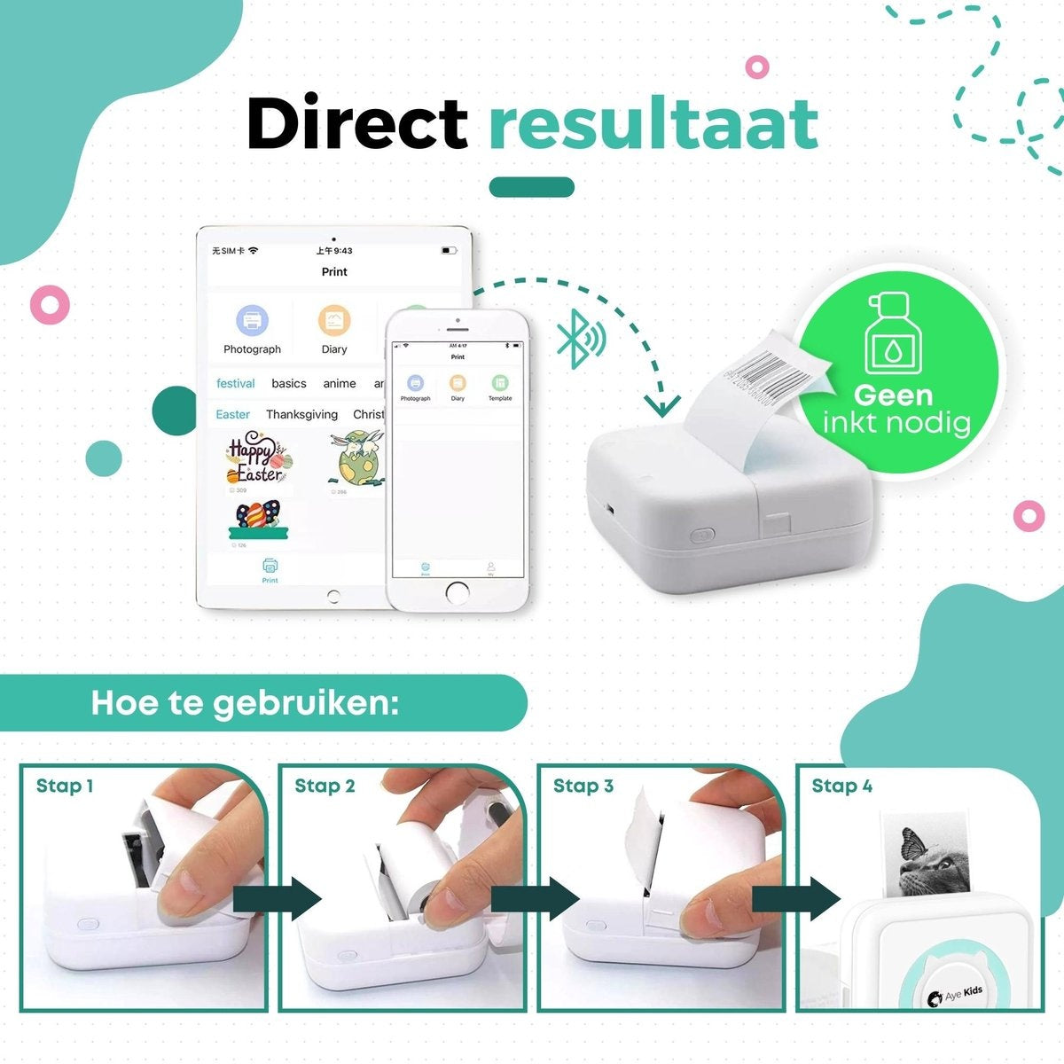 AyeKids Fotodrucker - Bluetooth - Kabellos - Inkl. 1 Rolle Fotopapier - Mini-Drucker - Taschendrucker - Blau